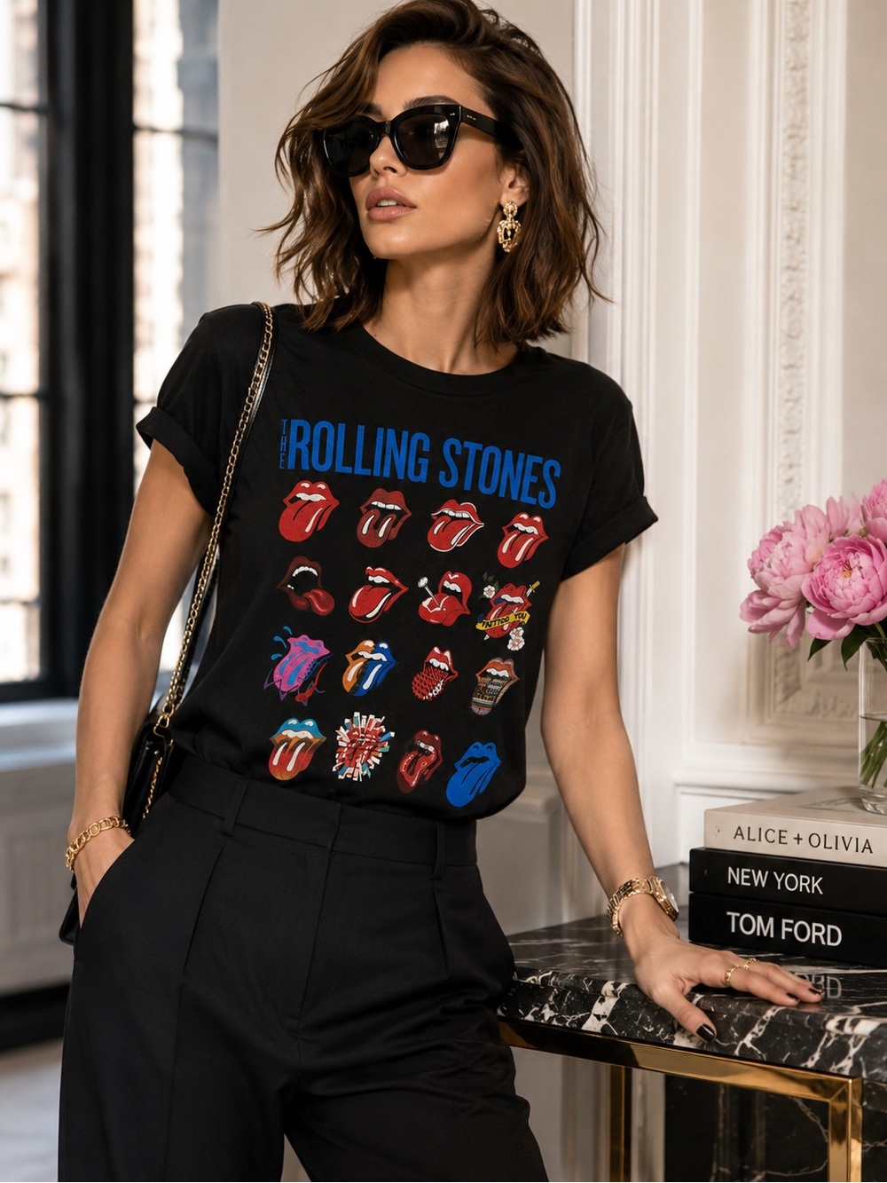 Alice + Olivia Black Rolling Stones Graphic Shira Tee w Multicolor Tongues XS/S - Picture 2 of 7